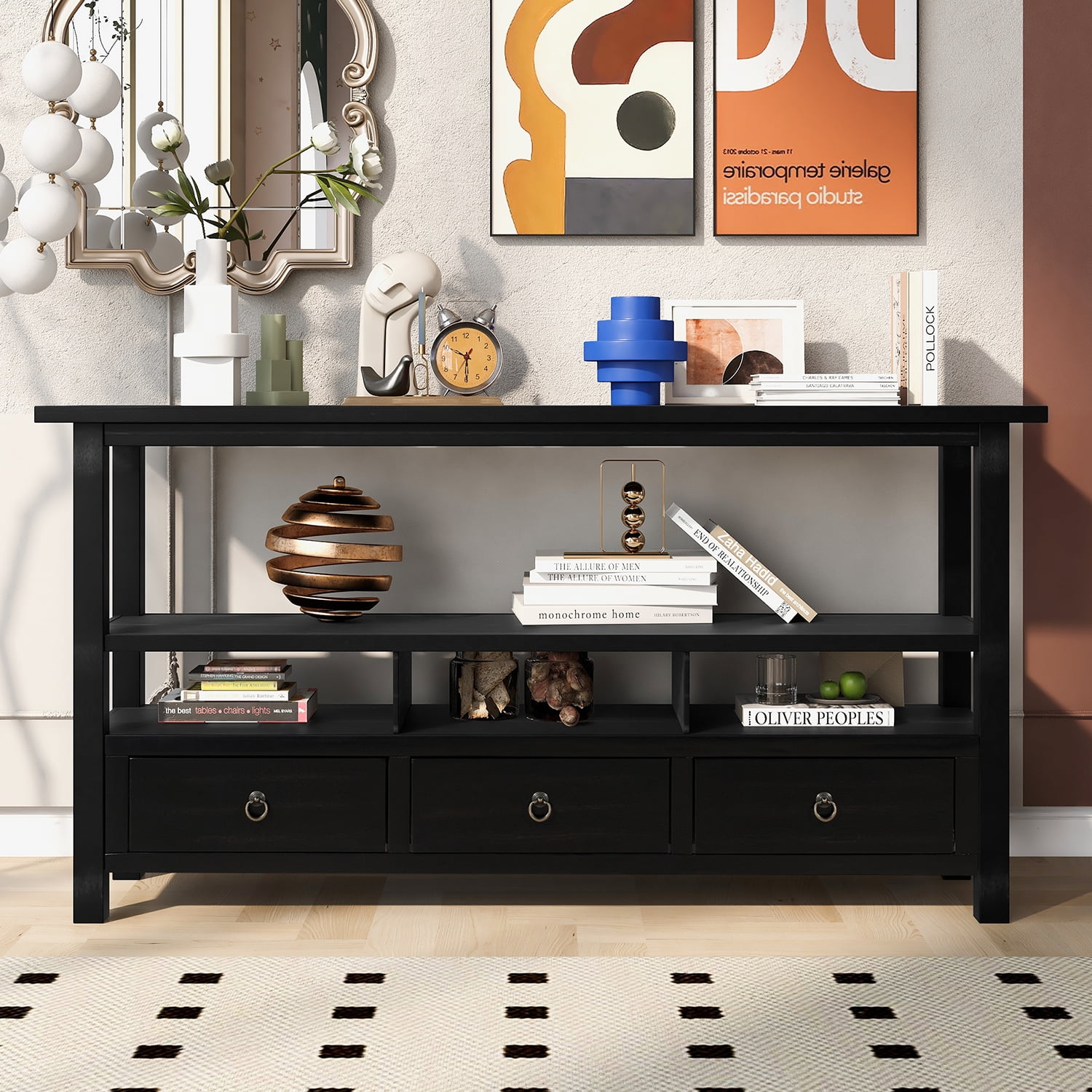 Kadyn Solid Wood Console Table, Sofa Console Table with Three Drawers and Double-Storey Tabletop, Classic Accent Table for Living Room, Distressed Black Kadyn Solid Wood Console Table, Sofa Console Table with Three Drawers and Double-Storey Tabletop, Classic Accent Table for Living Room, Distressed Black