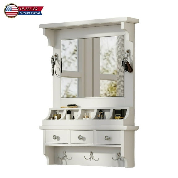 IVV Floating Makeup Vanity with Large HD Mirror, Wall-Mounted Organizer with Drawers, Pockets & Hooks, Space-Saving Storage for Entryway, Bedroom, Bathroom, White