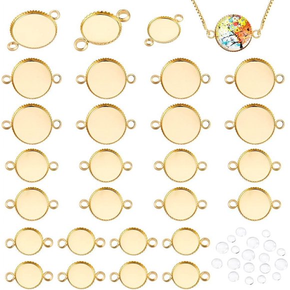 24 Sets 14K Gold Blank Pendant Brass Round Photo Charms Connector Pendant Base Link Trays Setting with Glass Cabochon Dome for Wedding Cameo Photo Jewelry Making(8/10/12mm