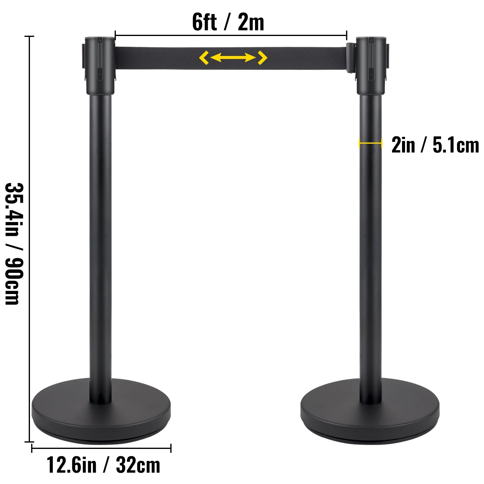 KFFKFF Crowd Control Stanchion, Set of 6 Pieces Stanchion Set, Stanchion Set with 6.6 ft/2 m Black Retractable Belt, Black Crowd Control Barrier w/Concrete and Metal Base – Easy Connect Assembly