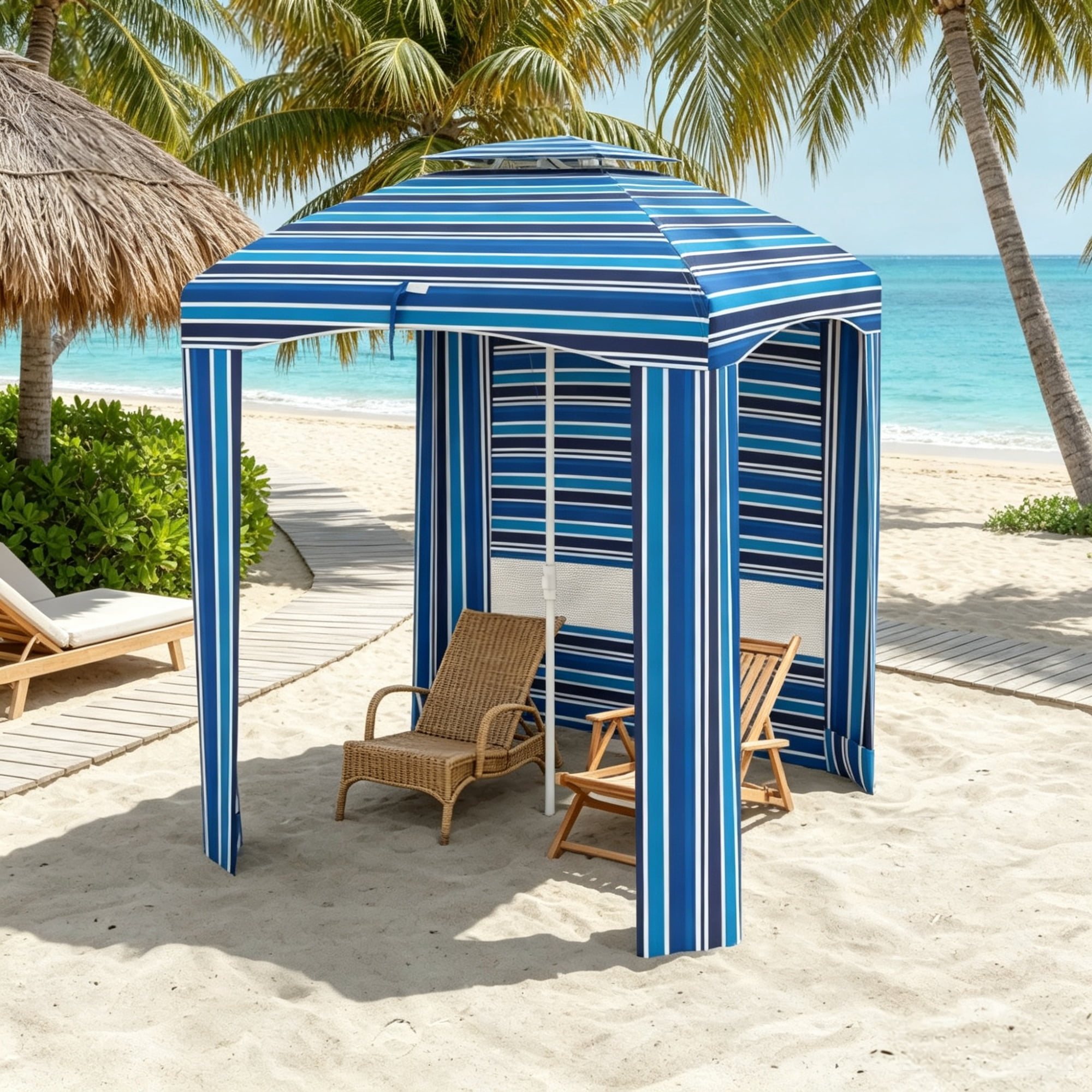 Travel Beach Umbrella with Side Walls, Air Vents, Ruffles and Carry Bag, Blue Stripe 5.8ft x 5.8ft