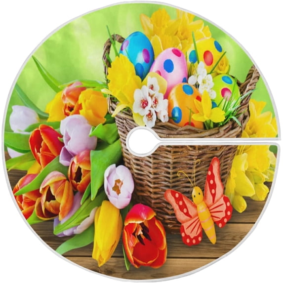 FMSHPON Easter Colorful Happy Easter DecorationEggs Xmas Christmas Tree Skirt Stand Mat for Holiday Party Decoration Indoor Outdoor 48 inches