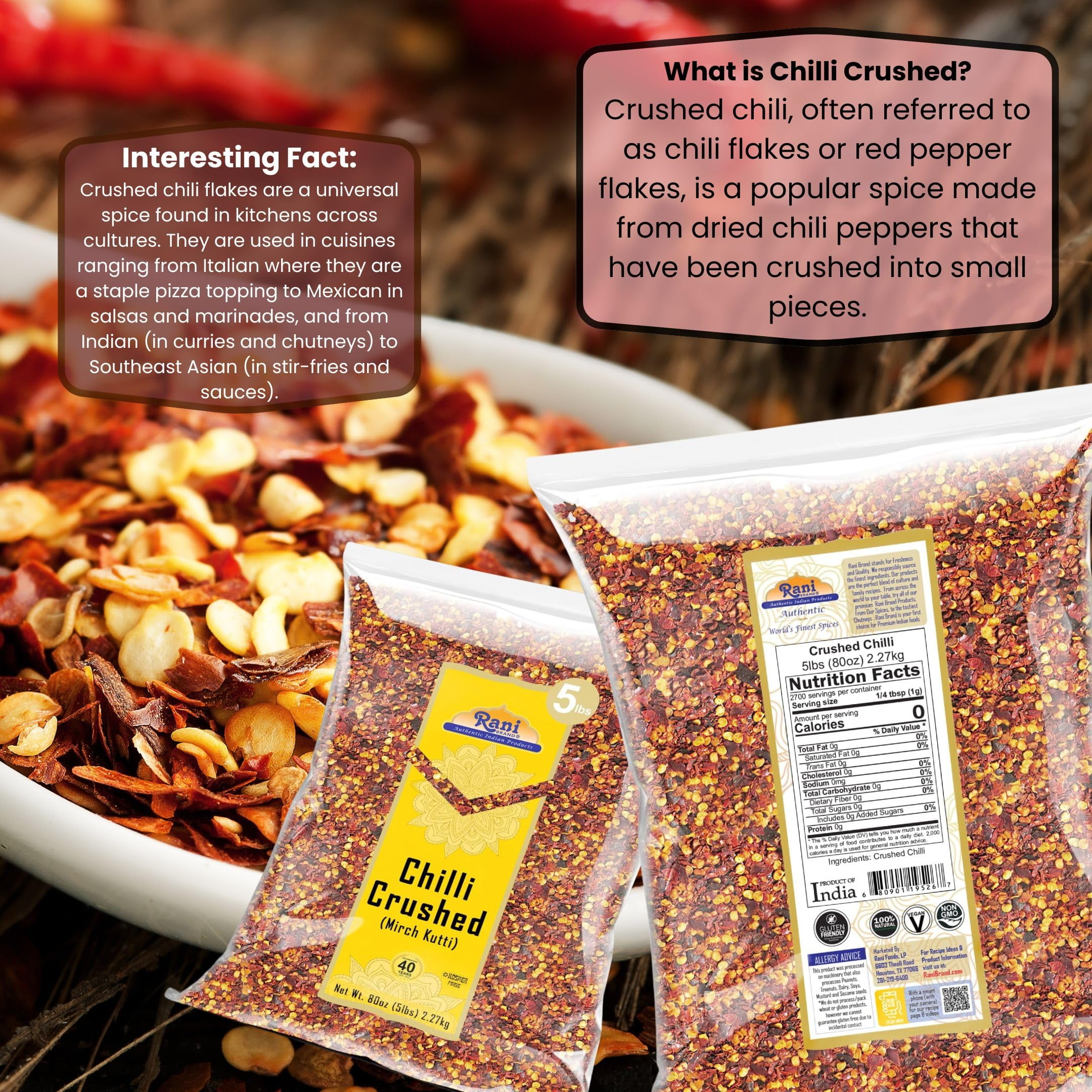 Rani Crushed Red Pepper Flakes Chilli (Pizza Type Cut) 80oz (5lbs) 2.27kg Bulk ~ All Natural, No Color added, Gluten Friendly | Vegan | NON-GMO | Kosher | No Salt or fillers