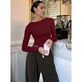 thumbnail image 5 of Womens Crewneck Long Sleeve Shirt Double Lined Basic Tees Side Ruched Going Out Crop Tops Wine Red M, 5 of 7