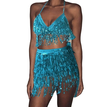 

Chollius Women Belly Dance Costume Set Sequin Halter Bra Top + Sequin Tassel Hip Scarf Fringe Mini Skirt Rave Party Clothing Clubwear