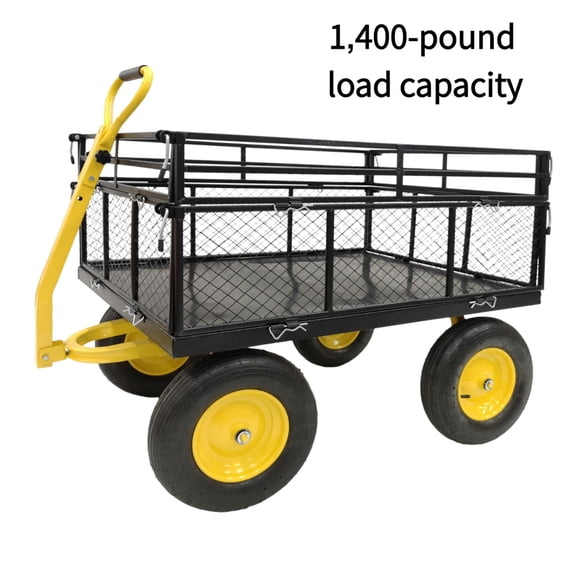 Steel Garden Cart, Heavy Duty 1400 lbs Capacity, with Removable Mesh Sides to Convert into Flatbed, Utility Metal Wagon with 2-in-1 Handle and 16 in Tires, Perfect for Garden, Farm, Yard