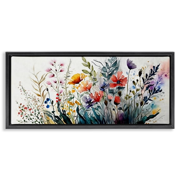 Stupell Industries Bold Floral Hues Blooming Nature Botanical & Floral Painting Black Floater Framed Canvas Art Print Wall Art, 25 x 11