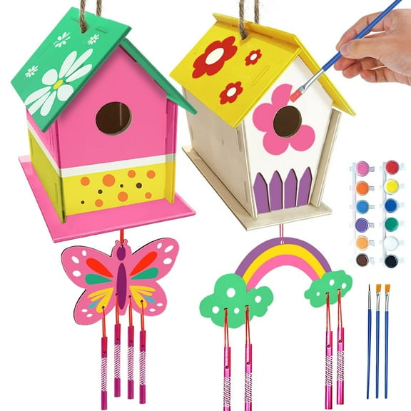 FUYPSE Crafts for Kids Ages 4 to 8 4 Pack DIY Bird House Wind Chime Kit Build and Paint Birdhouses Wooden Arts Kits Easter Basket Stuffers for Girls Kids Boys to ddlers 12ML - 2025 New Arrivals