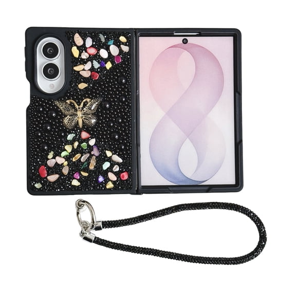 TECH CIRCLE Luxury Bling Butterfly Decoden Case for Samsung Galaxy Z Fold 8, with Rhinestone Wrist Strap, Cute Sparkly 3D Faux Pearl Protective Phone Case, Black