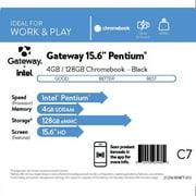 Gateway Chromebook, 15.6 HD, Intel Pentium N6000, Quad Core, 4GB RAM, 128GB Storage, 1MP Webcam, Chrome OS, Black, GCNP41524-BK
