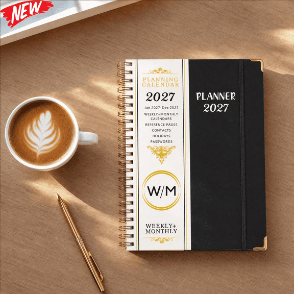 2026-2027 Weekly & Monthly Planner, Calendar Notebook, A5 Spiral Bound Organizer with Tabs, Black Hardcover Schedule Book for Work & Daily Planning