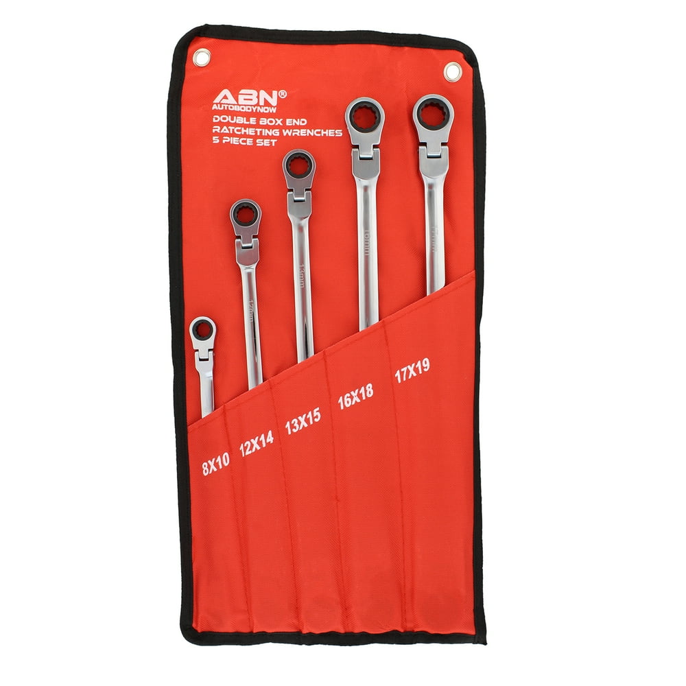 ABN Extra Long Flex Head Double Box End Ratcheting Wrench Metric 5pc