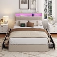 thumbnail image 2 of Satifur Queen Bed Frame with Storage Headboard, Platform Bed with 4 Drawers, Rivet Upholstered Bed Frame with LED Lights & Charging Station, Beige, 2 of 12