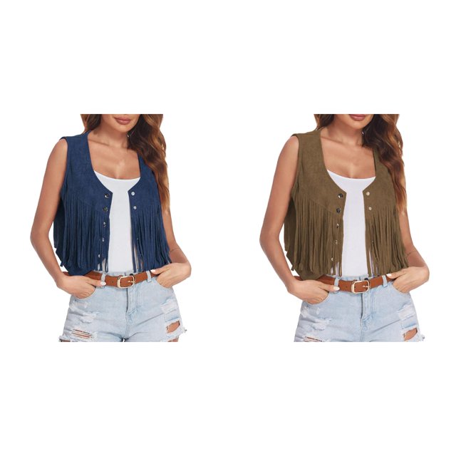 (2-Pack) Rinsvye Women Western Punk Style Fringe Cropped Jacket Sleeveless Denim Look Trendy Statement Summer Wear Lightweight Material