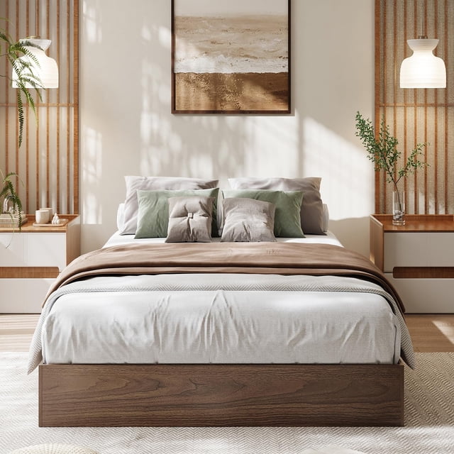 Kojooin Solid Wood Platform Bed, Floor-Standing Bed Frame with Wooden Slats, Space-Saving Design and No Box Spring Needed