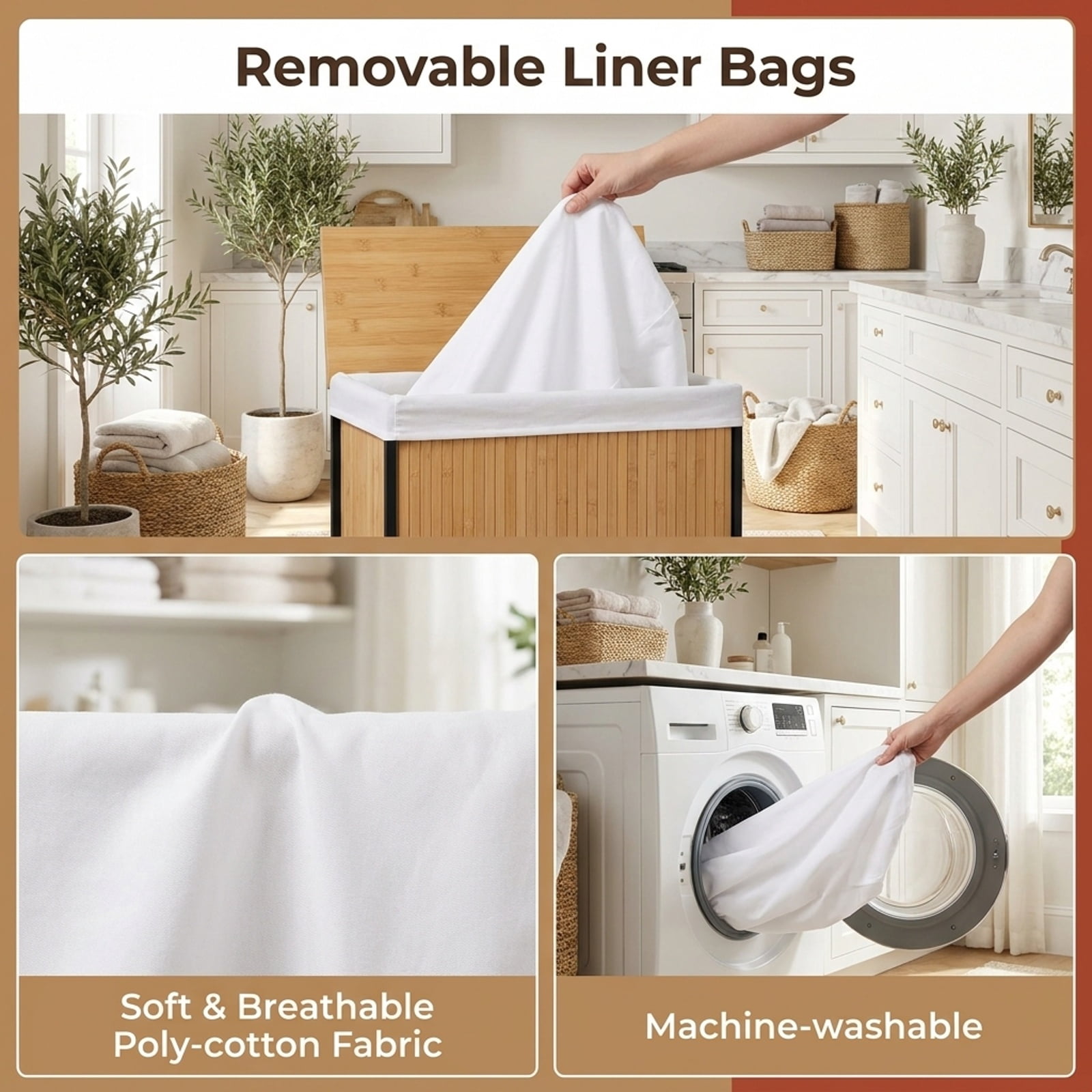 Vebreda 18.5-Gallon 2-Section Laundry Hamper with Lid & 2 Lockable Wheels, Rolling Clothes Hamper & Laundry Sorter with Removable Liner Bags for Bathroom & Bedroom