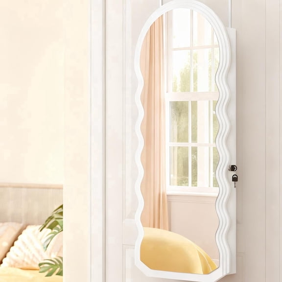 LEDREM Wall-Mounted Mirror Jewelry Cabinet with LED Lights, Lockable Wavy Full-Length Mirror and Jewelry Organizer, 16.5 x 42.5 Inches, White