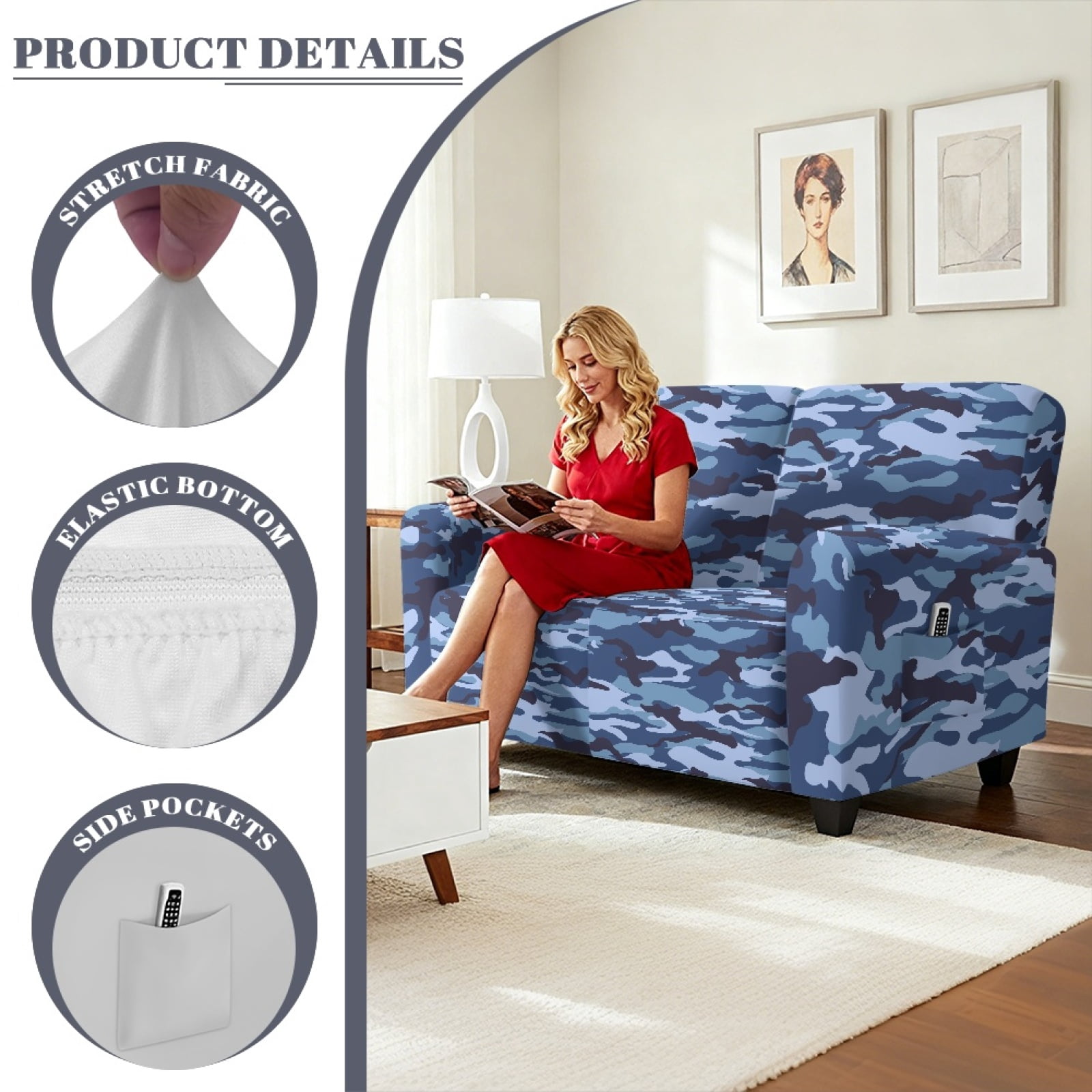 Xoenoiee Blue Camo Print Recliner Loveseat Slipcover, 6 Pieces Recliner Sofa Covers for 2 Seat Dual Reclining Loveseat Couch, Stretch Soft Jacquard Furniture Protector with Elasticity