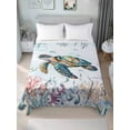 thumbnail image 2 of Full Size Flat Sheet Only, Sea Turtle Coastal Soft Brushed Microfiber Bed Sheets, Summer Beach Coral Ocean Seaweed Hotel Quality Breathable Bedding Top Sheet, Easy Care, 66"x102", 2 of 9