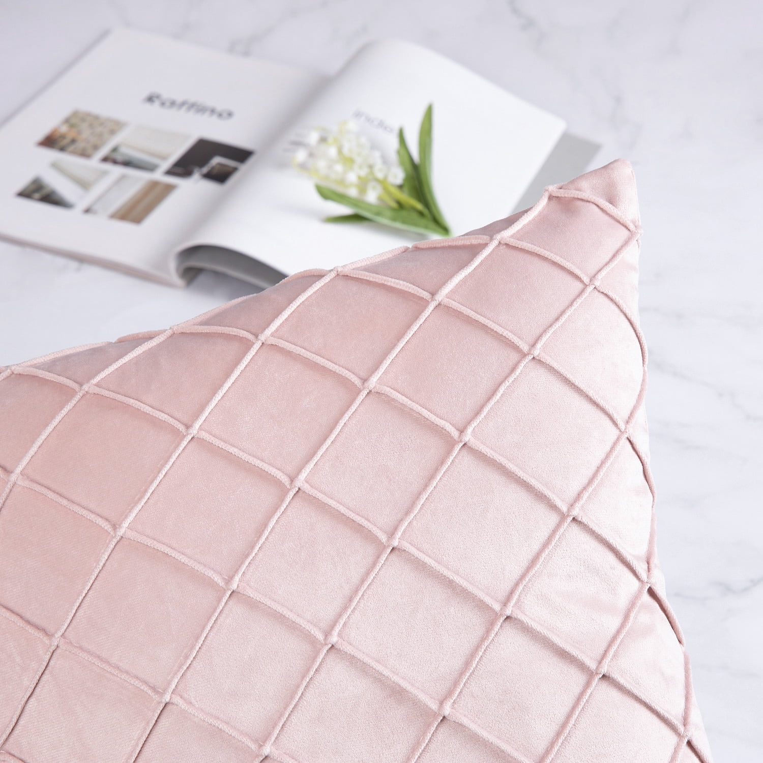 Phantoscope Designer's Choice Decorative Throw Pillow Set, Fluffy Faux Fur & Pleated Velvet Bundle, for Sofa Couch Bedroom, 18" x 18", Light Pink, 2 Pack