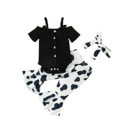 

Arvbitana Baby Girl Romper Outfits Short Sleeve Solid Ribbed Strap Bodysuit + Cow Print Flare Pants + Headband Spring Summer Casual Jumpsuit for Kids 3Pcs 0-24M