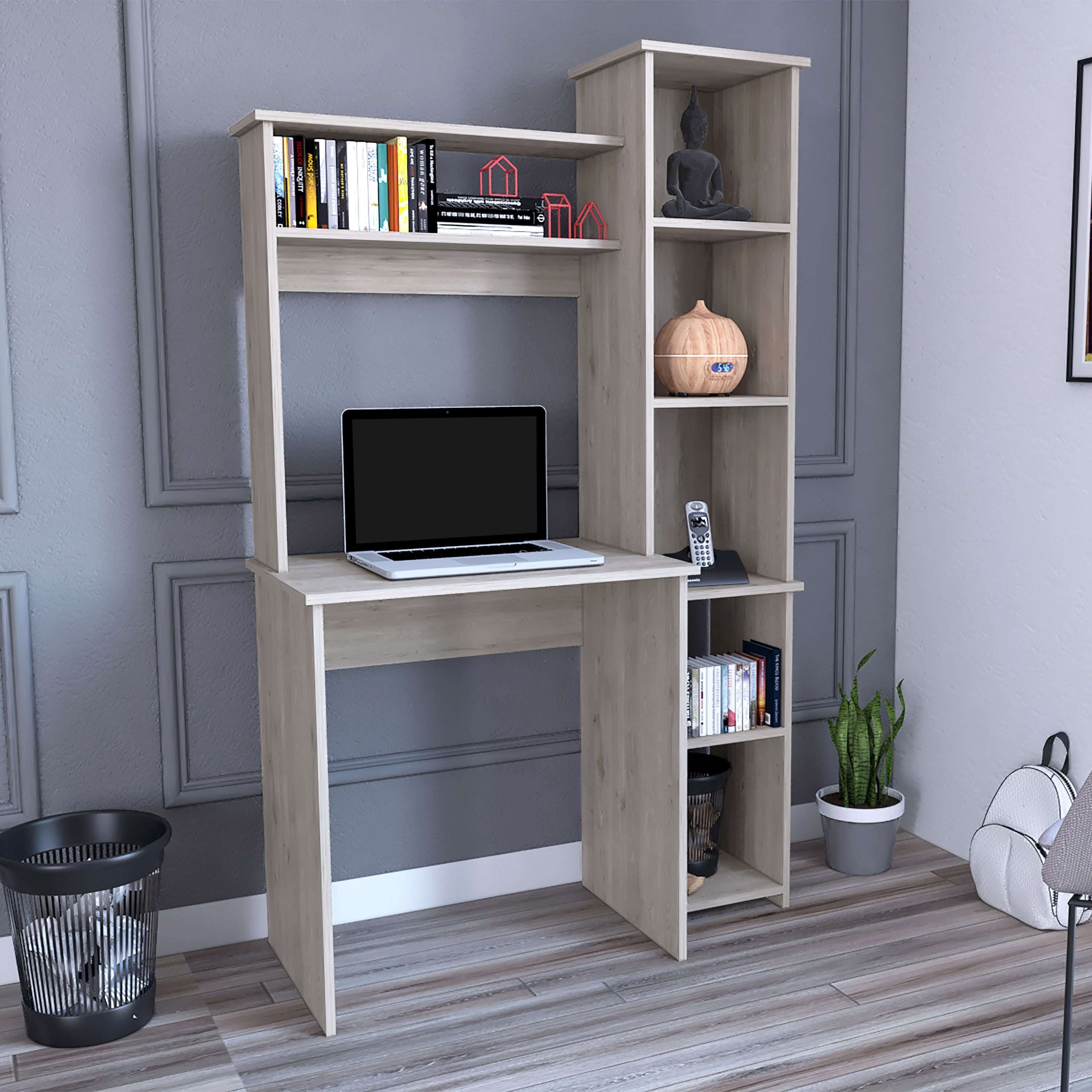 Asteroutdoor Versalles Writing Desk with Shelves and Cubbies, Light Gray