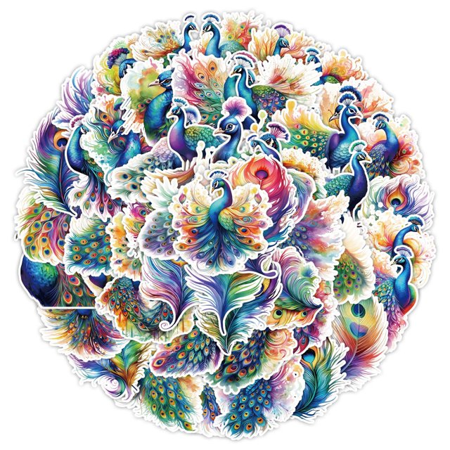 Paquete de pegatinas de vinilo impermeable con forma de pavo real de colores, 50 unidades