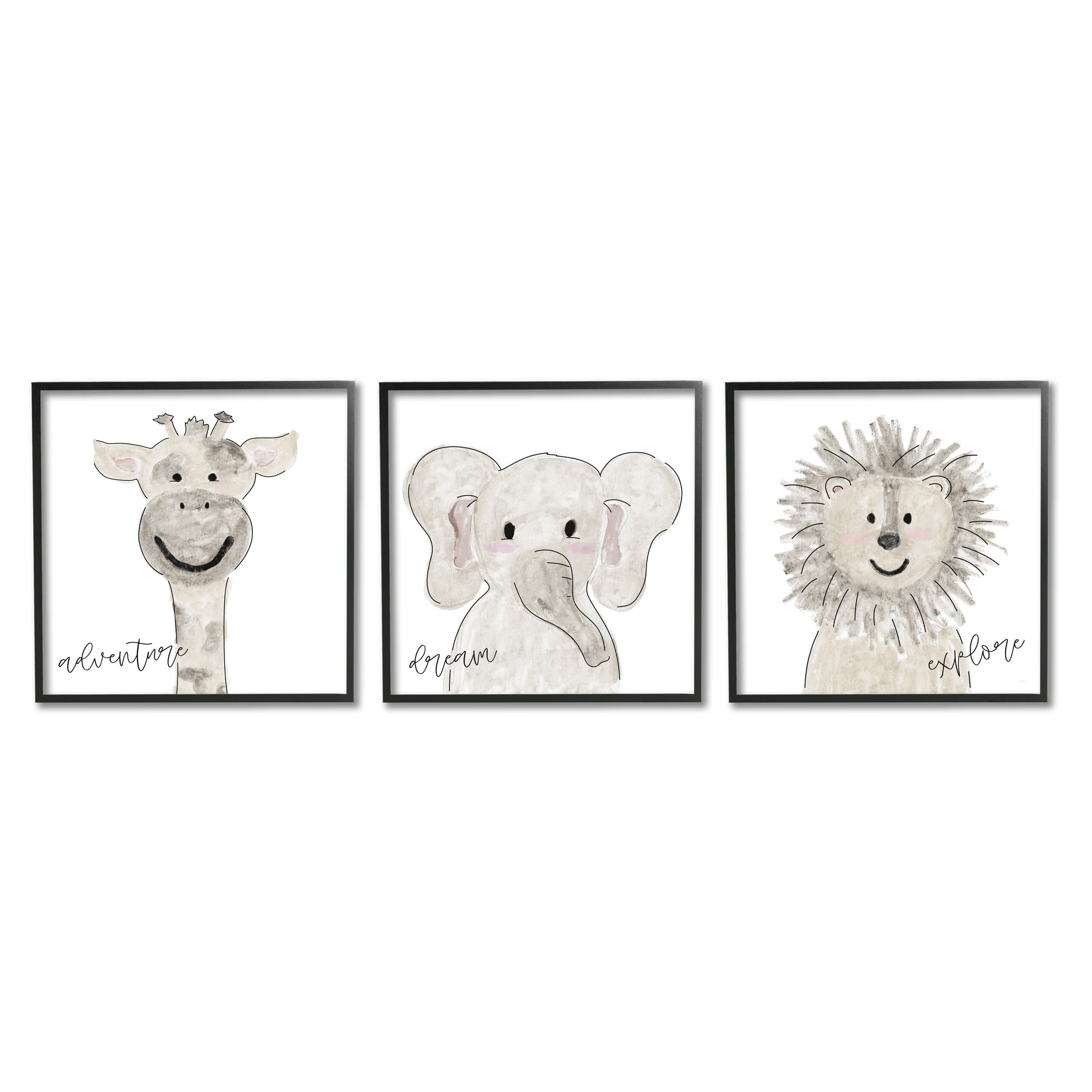 Stupell Industries Cute Cartoon Animals Illustration Adventure Dream Explore Quote Drawings Gray Framed Art Print Wall Art Set of 3, 12x12, by Natalie Carpentieri