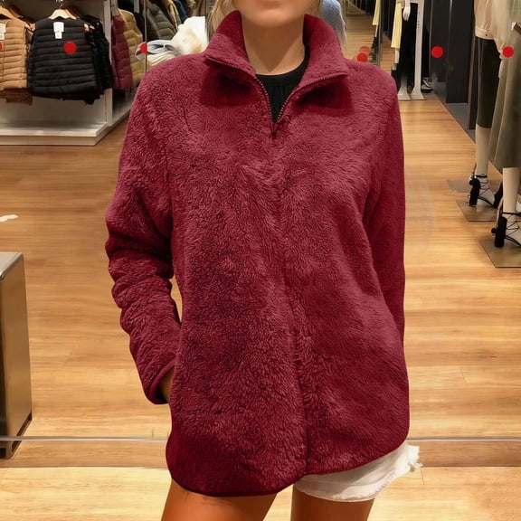 Wowcloth Woman's Coral Fleece Jacket, Long Sleeve with Front Zipper, Thermal Insulated for Casual Outdoor and Daily Wear