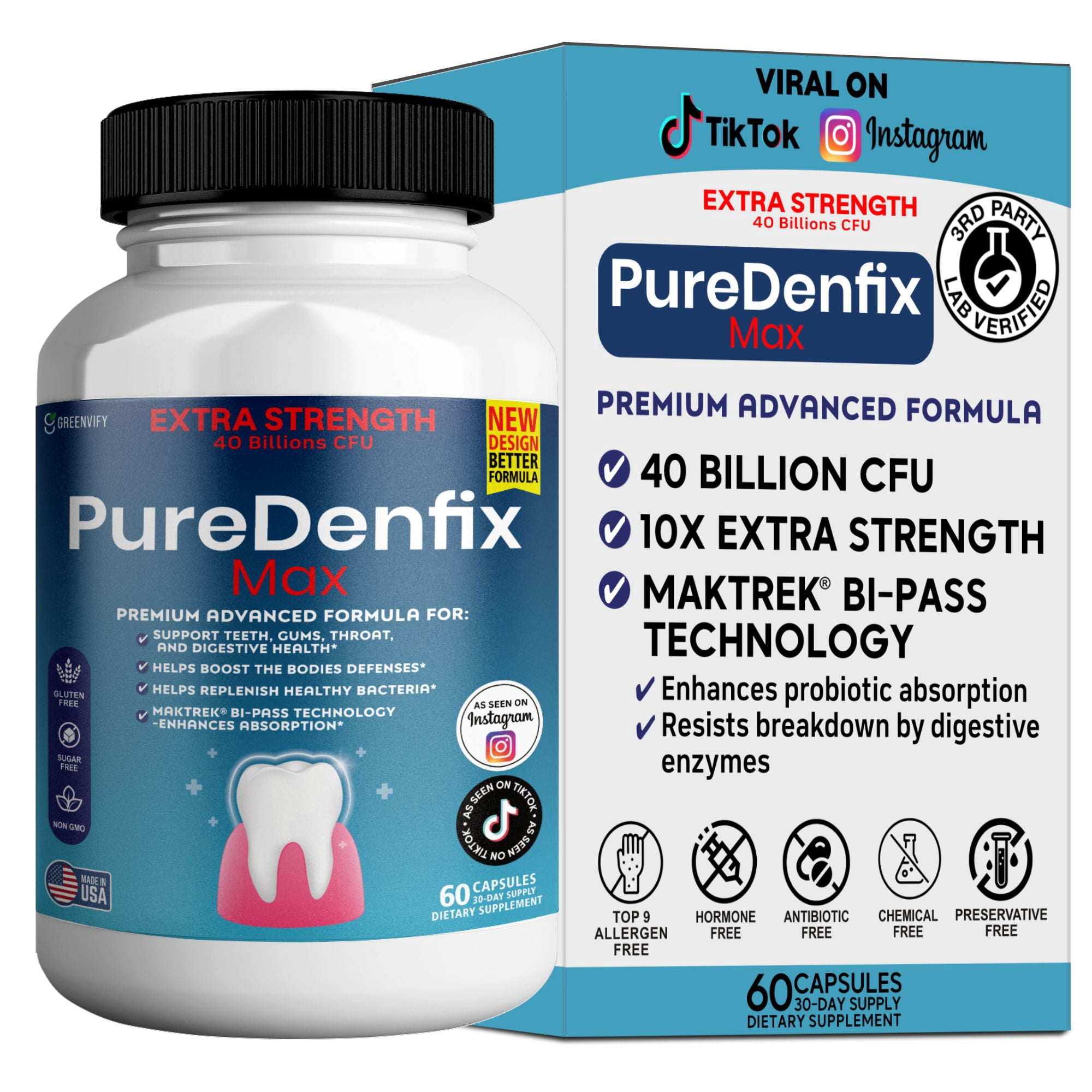 PureDentix Max Probiotic Supplement – 40 billion CFU, Extra Strength Formula for |Teeth Gums & Digestive Health | 60Capsules