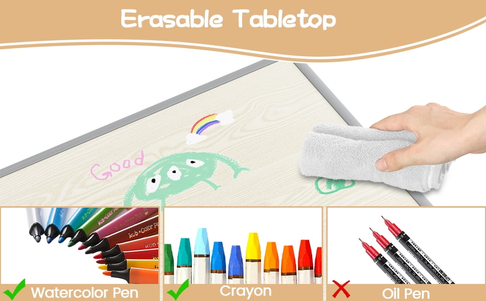COZONY Kids Table and Chair Set, Adjustable Height Toddler Table with 6 Seats, Non-Slip Legs, Graffiti Desktop for Ages 2-8