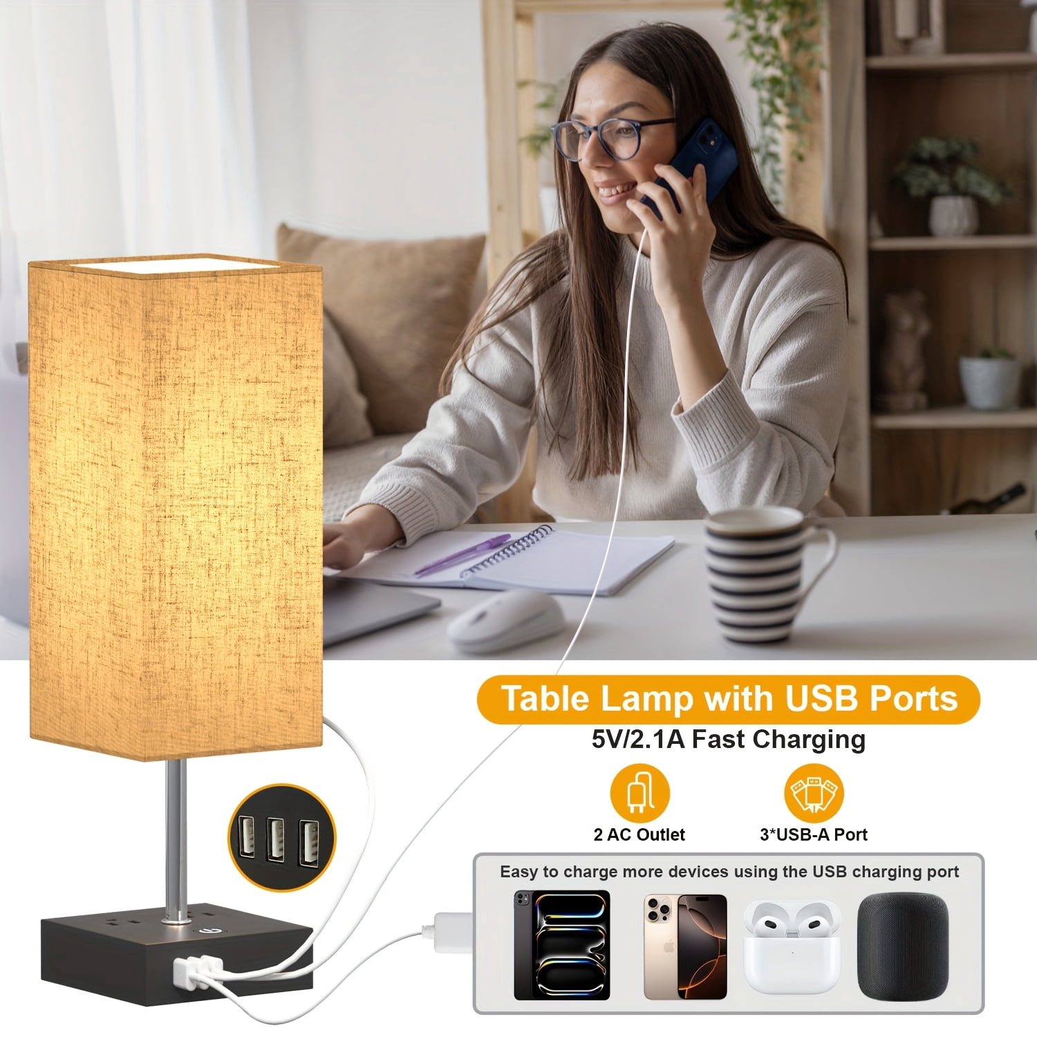 Hansang Bedside Table Lamps 2-Pack, Touch Control Nightstand Lamp with 3 USB Ports & 2 AC Outlets, Square Linen Shade, Warm White Light, E26 LED Bulb Included for Bedroom and Living Room