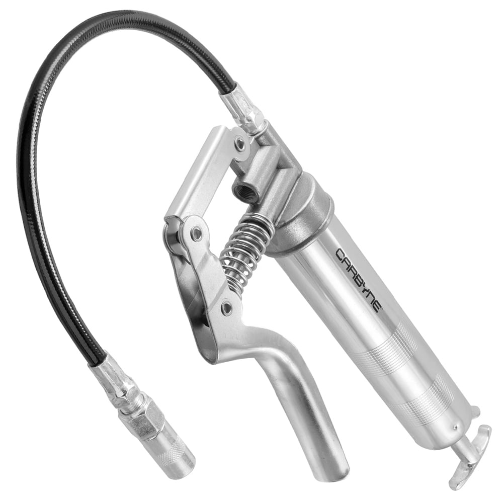 Carbyne Mini Grease Gun, Pistol Grip, 3000 Psi, Knurled Steel Barrel, 12 in. Flex Hose, 4 in. Rigid Tube, Coupler, 2-Way Loading, 3 Oz Capacity