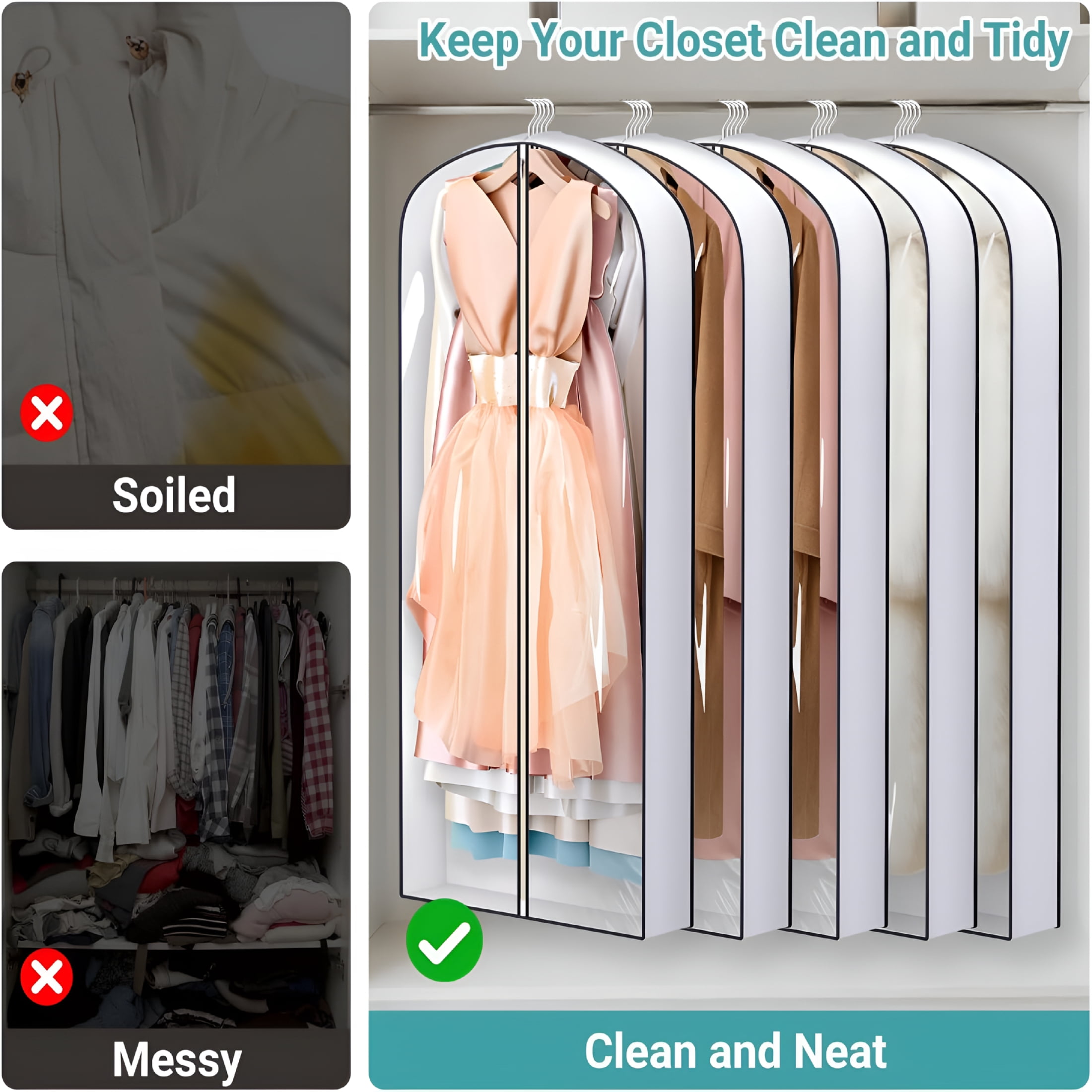 AUQ 60"Long Hanging Garment Bags for Closet Storage Gusseted Clear Dress Bag for Clothes,Gowns,Coats,Suits,5 Packs