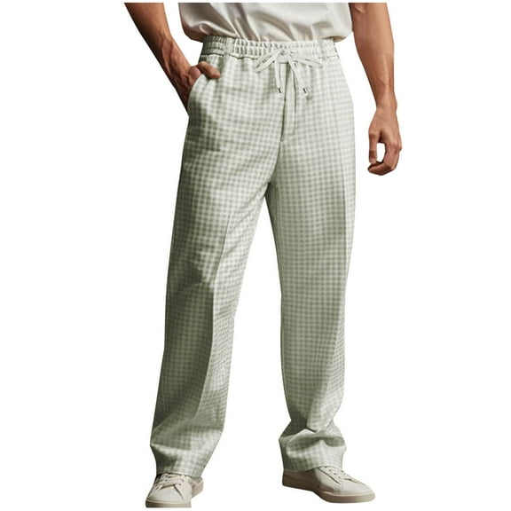 USNSM Mens Casual Plaid Pants Elastic Waist Drawstring Trousers Full Length Pants Lightweight Straight Leg Pants with Pockets White L