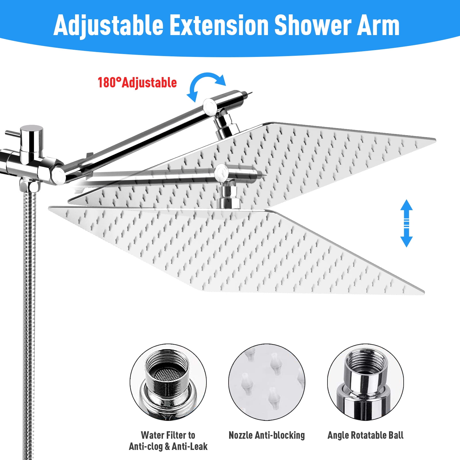 "Amobro 12\"" Magnetic Dual Shower Head, High Pressure Rainfall, Anti-Leak, Adjustable, Chrome, Matte Silver"