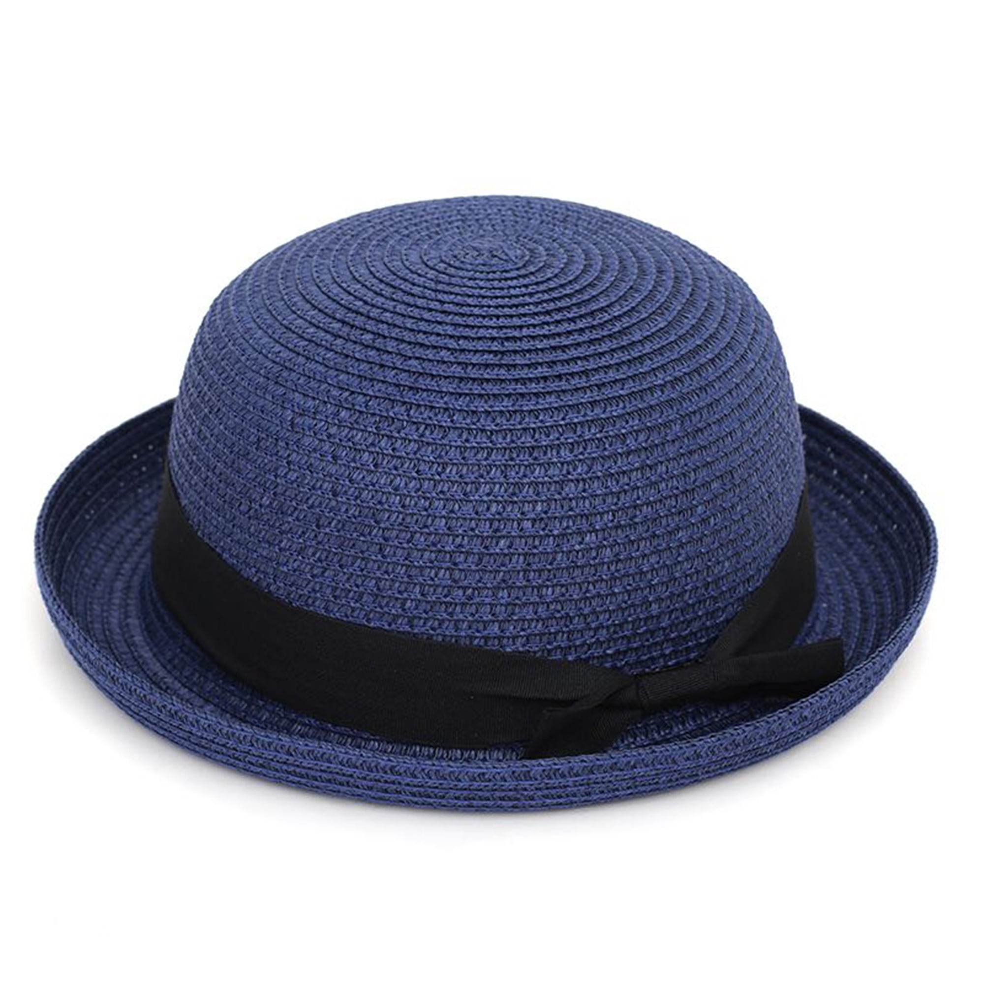 Acappella Girl Navy Blue Soft Straw Round Top Fedora Hat Ribbon Bowler 2" Floppy Roll Brim