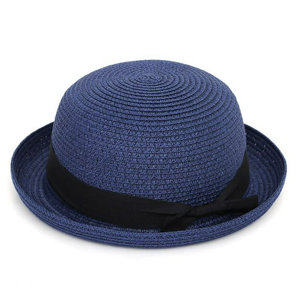 Acappella - Women Navy Blue Soft Straw Round Top Fedora Hat Ribbon ...