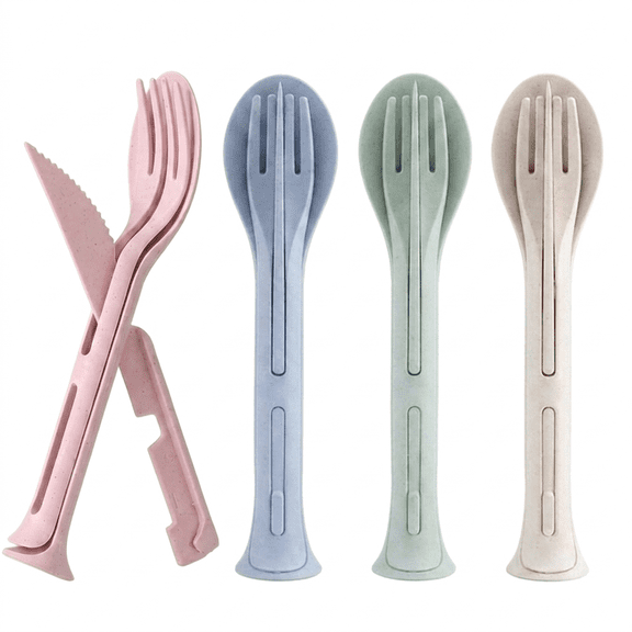 MoHern knife fork spoon 4 Sets Reusable Utensil Set Wheat Straw Utensils Portable 3-in-1 Travel Spoon and Fork Set With Case Camping Cutlery