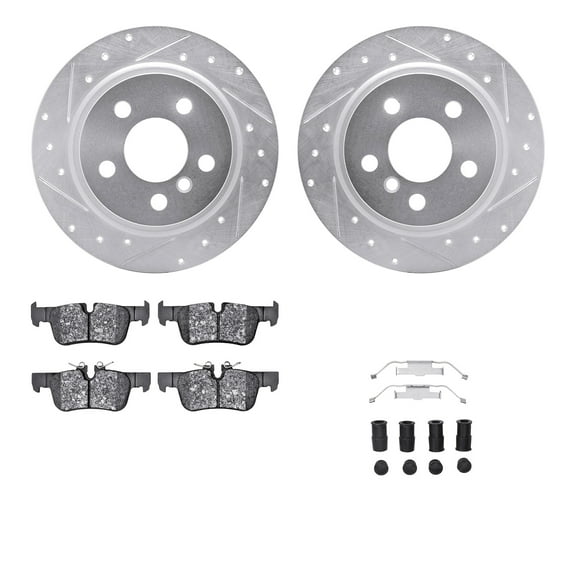 Dynamic Friction Company Rear Brake Rotors-Drilled and Slotted-Silver with 5000 Advanced Brake Pads includes Hardware 7512-32019