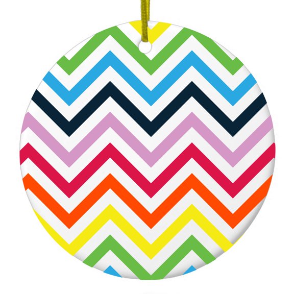 DistinctInk Hanging Ceramic Christmass Tree Ornament with Gold String - Great Gift / Present - 2 3/4 inch diameter - Rainbow Chevron