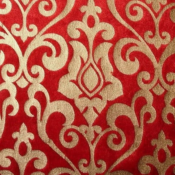 Fabric Mart Direct Red, Gold Print Cotton Viscose Fabric By The Yard, 44 inches or 111 cm width, 1 Yard Gold Cotton Fabric, Damask, Upholstery Drapery Curtain Wholesale Fabric, Window Treatment