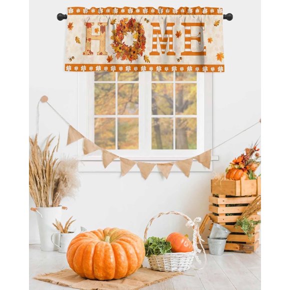 Autumn Home Valances Curtain for Kitchen Cafe, Maple Leaf Wreath Fall Leaves Window Valance 1 Panel Short Curtains 54"x 18" Rod Pocket Windows Treatment Drape for Living Room Bedroom Orange