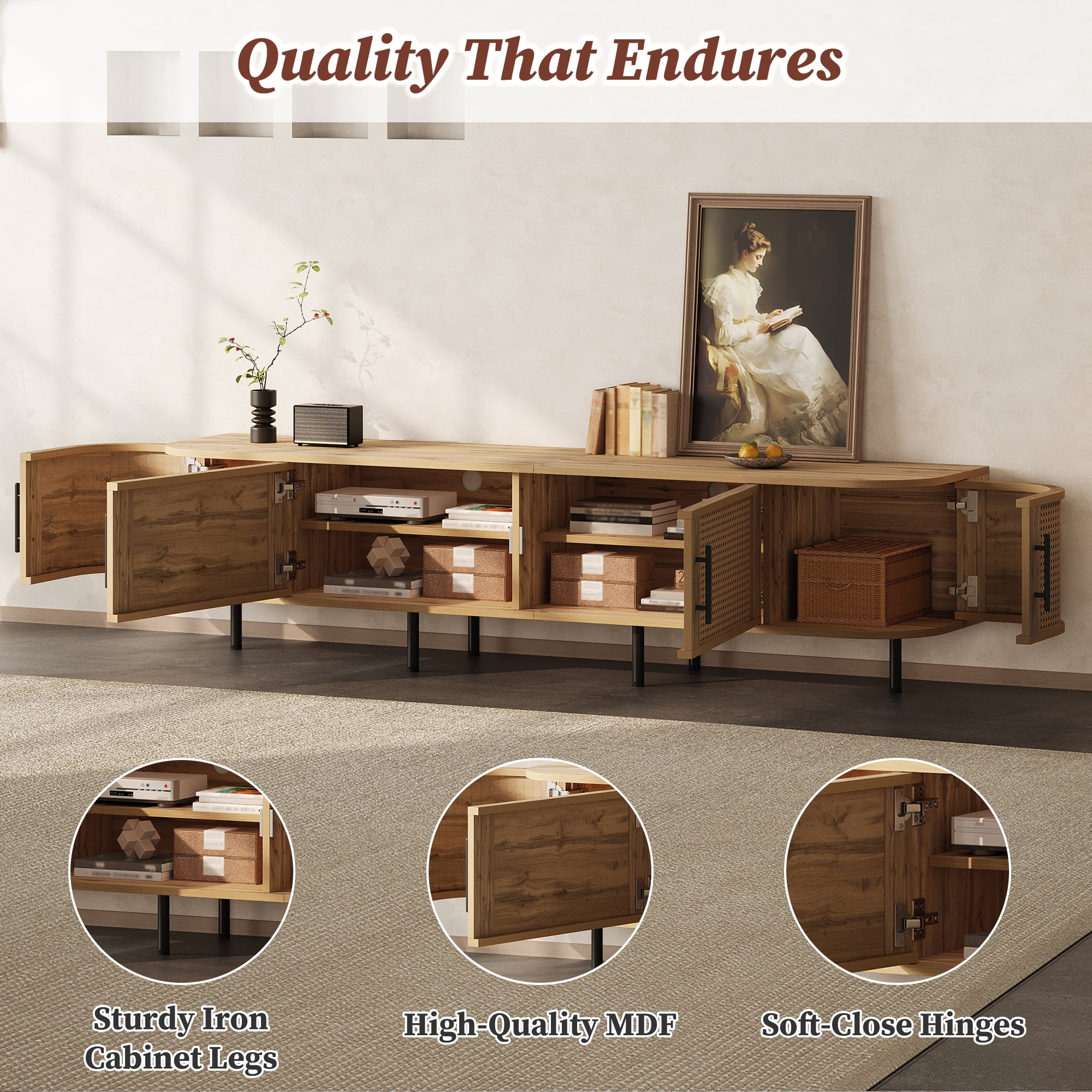 Homy Casa 70.8" TV Stand, Rattan Door Media Console with Storage, Natural Wood