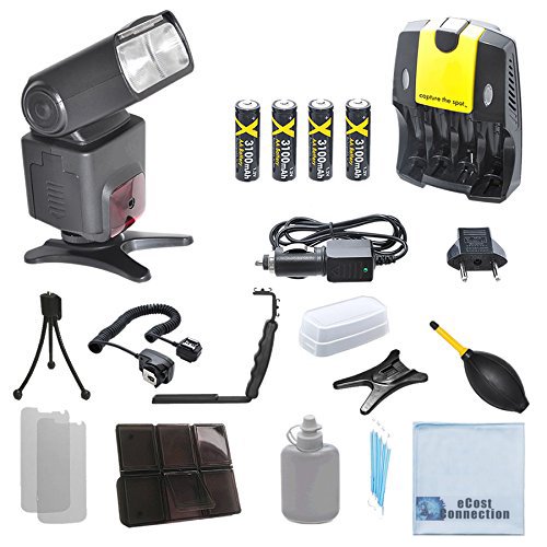 700EX Dédié Essentiel Slr Ttl Flash, 4 Piles Rechargeables AA & Chargeur, Double Chaussure Angle Droit Flash Support avec Position Horizontale et Verticale, Cordon de Flash hors Caméra Robuste pour Canon & eC