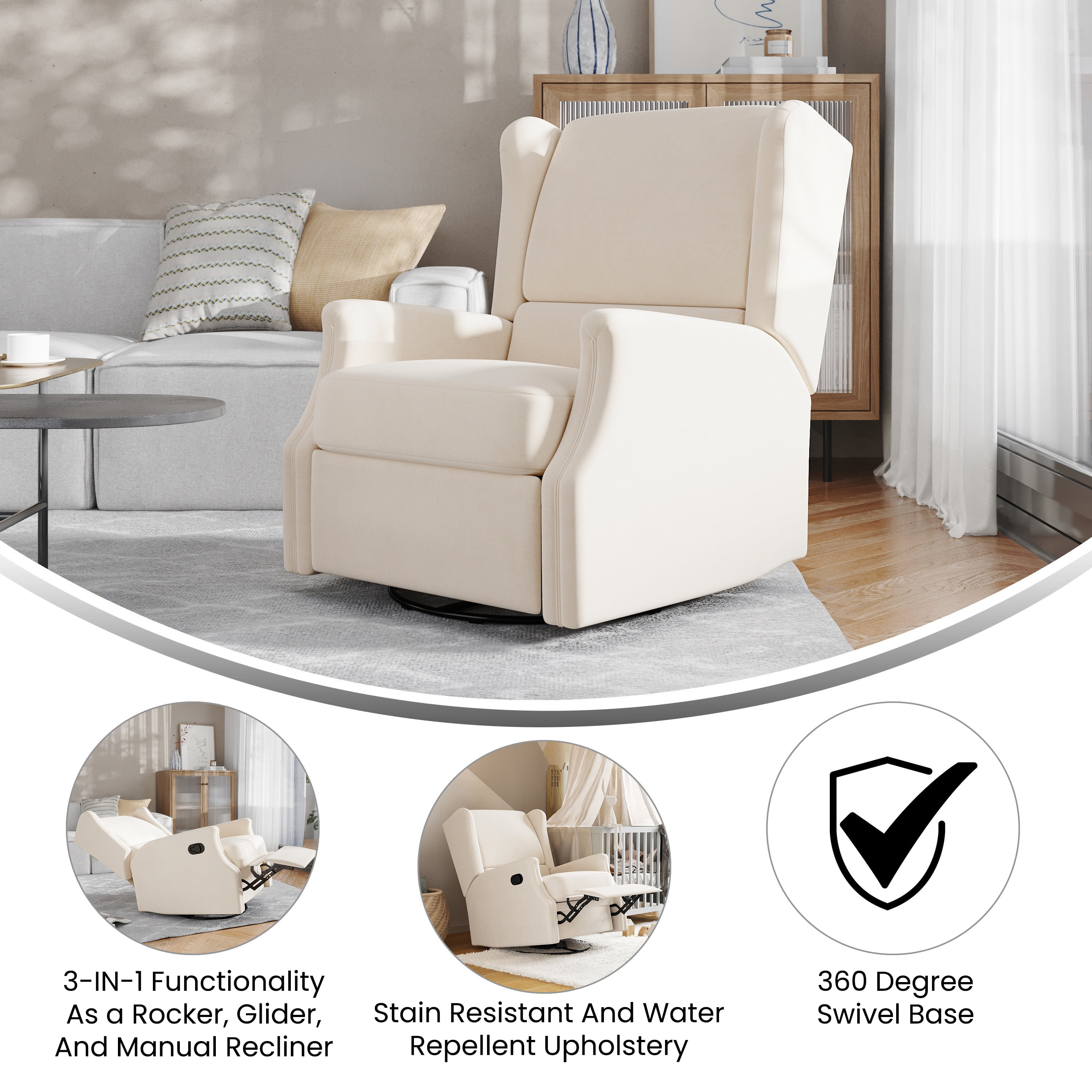 Merrick Lane 3-in-1 Wingback Manual Recliner Rocker Swivel Glider Chair in Cream