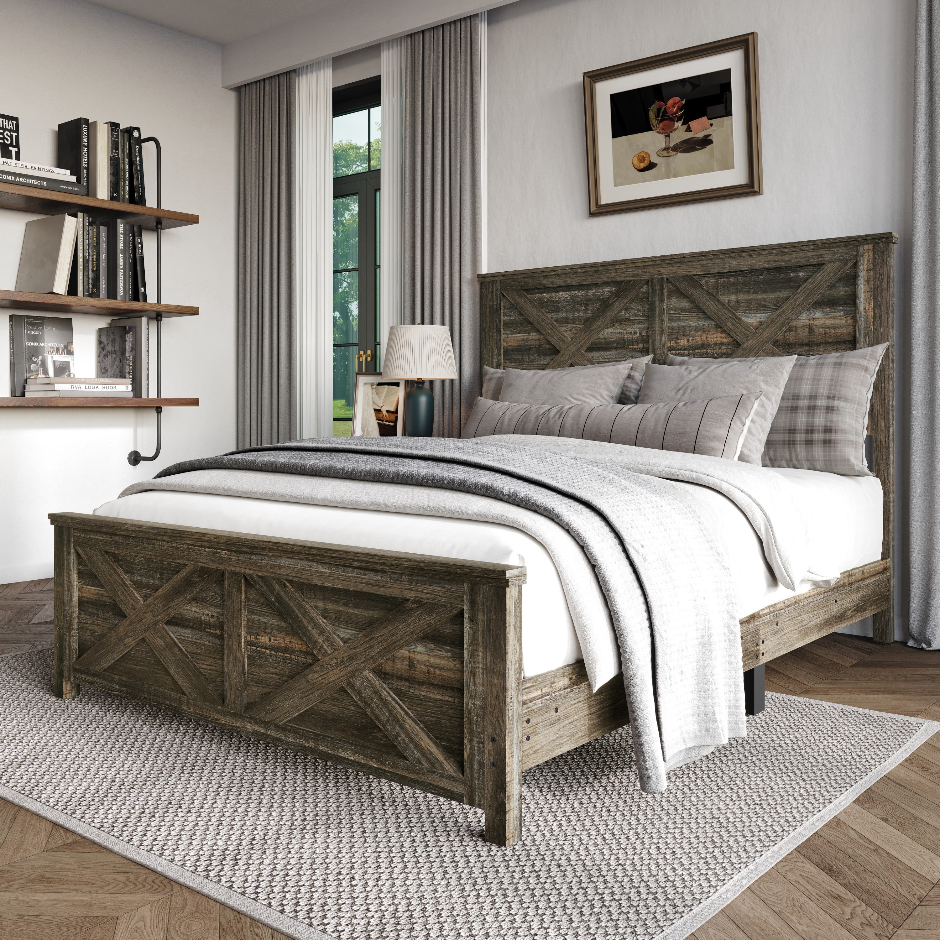 Home Design Niles Full Panel Bed Frame with X-Shaped Panel Design and Rustic Wood Finish, Brown, Easy Assembly