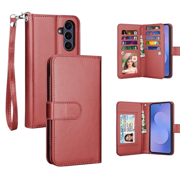 NJJEX For Samsung Galaxy S26 Wallet Case, [9 Card Slots] Luxury PU Leather Credit Holder Carrying Folio Flip [Detachable] Kickstand Magnetic Phone Cover & Lanyard-Red