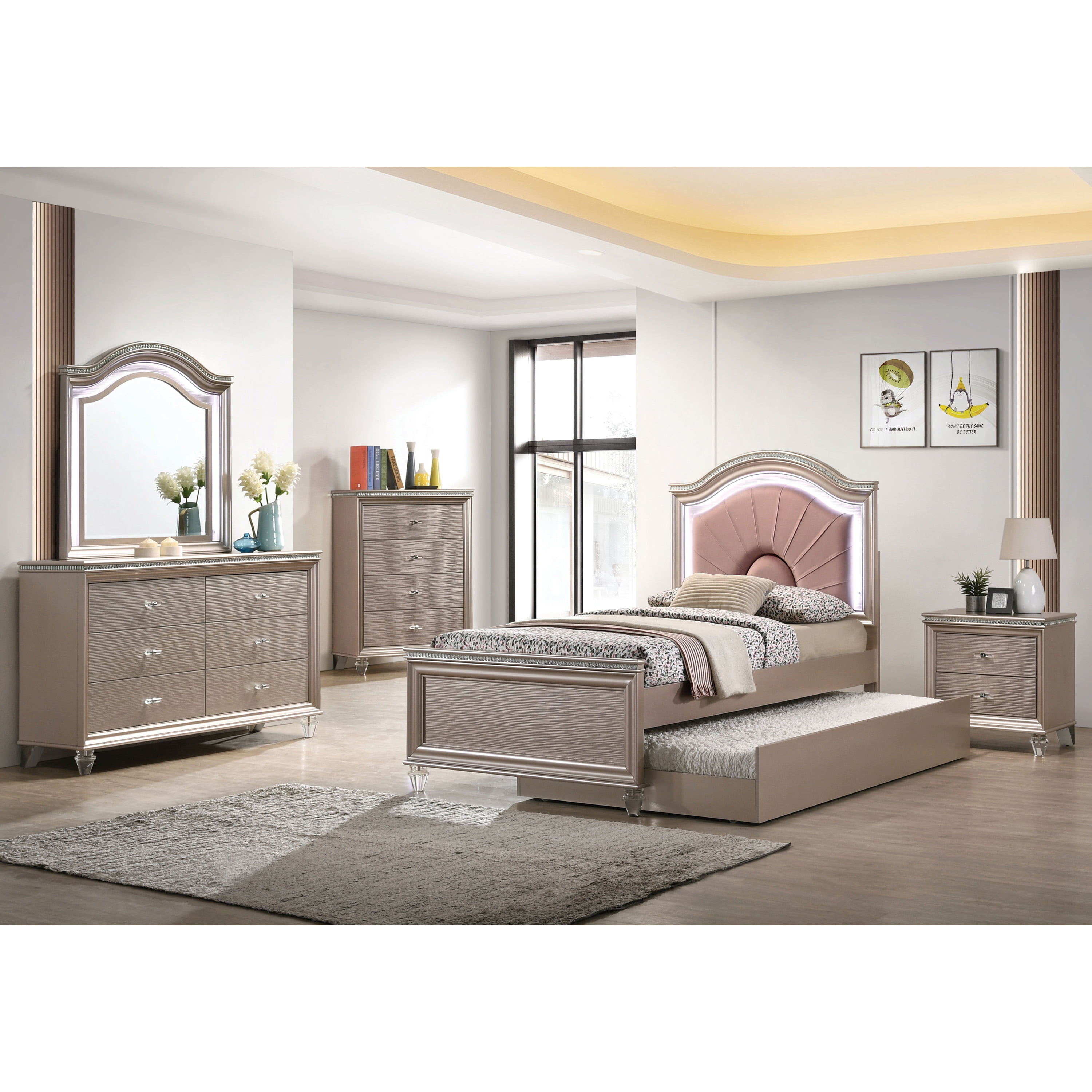 Furniture of America San Angelo Adult 2-Drawer Wood Nightstand, Rose Gold