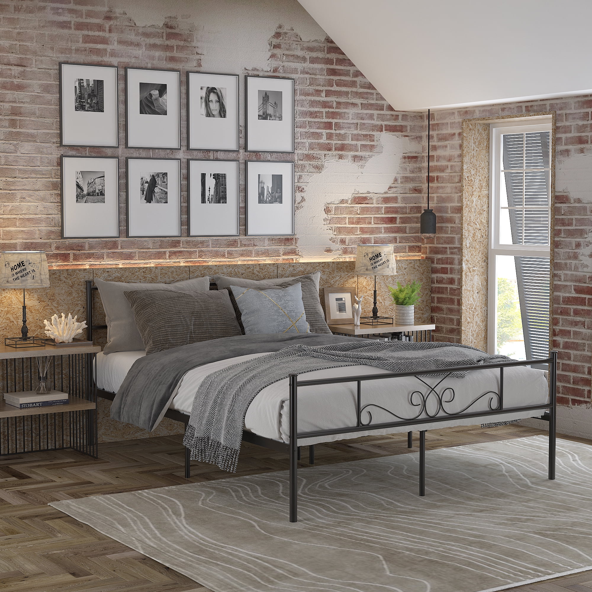 Yoneston Heavy Duty Queen Size Platform Bed Frame with Vintage Scroll Headboard & Footboard, Black